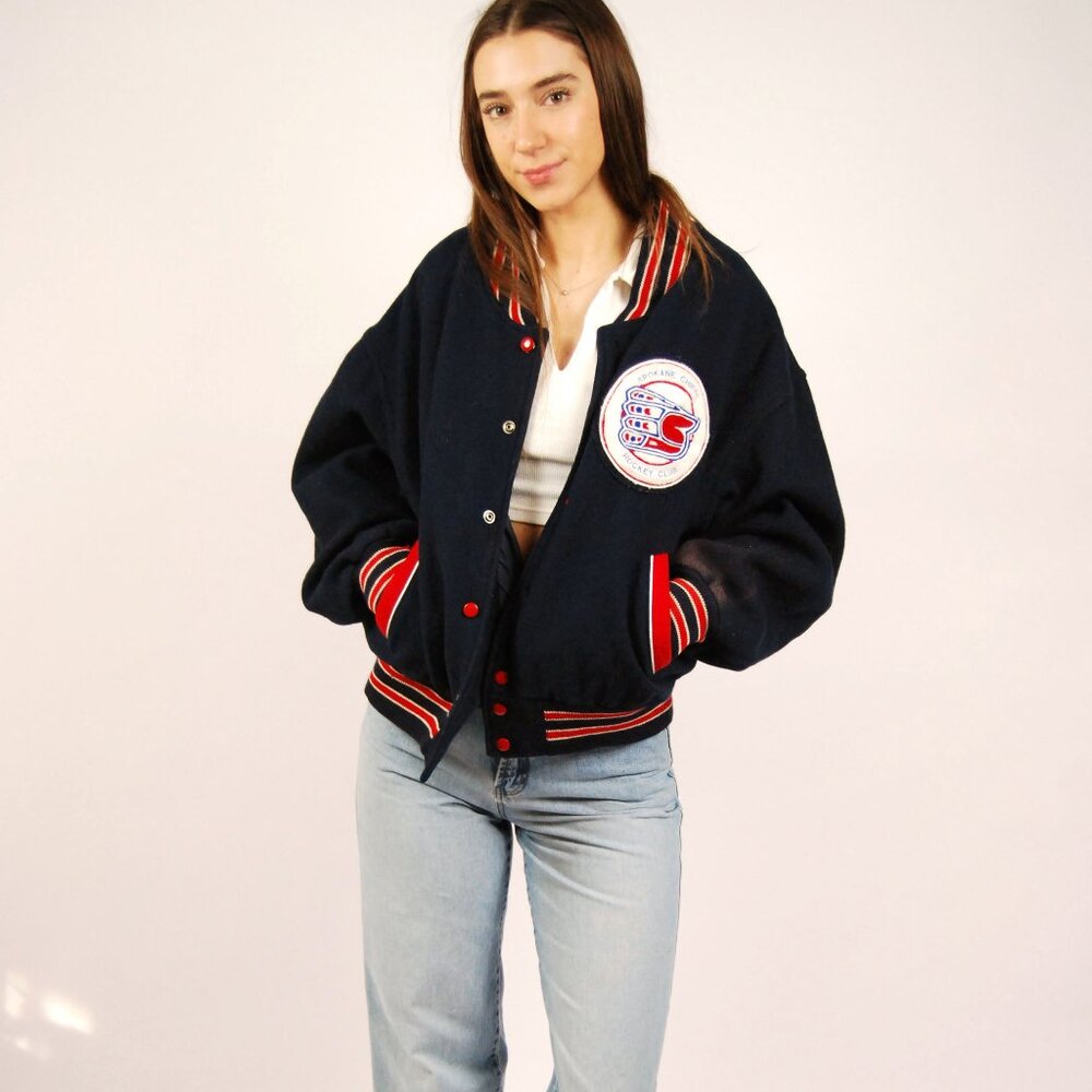 80s Letterman Jacket (L) large navy blue red vintage mens Spokane WA hockey coat